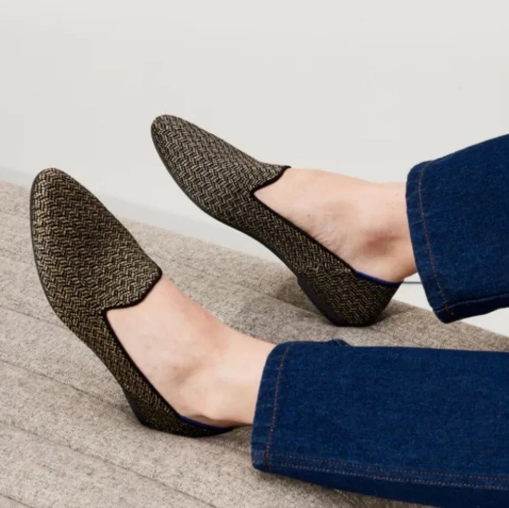 NEW Rothys Almond Loafers Metallic Sparkle Herringbone Flats Shoes